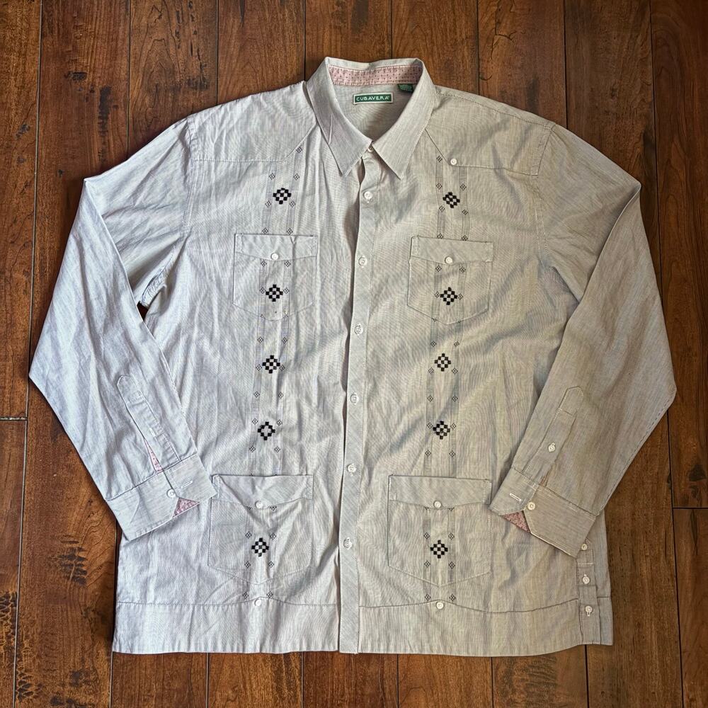 Cubavera Guayabera Long Sleeve Button Up Shirt Mens XXL Gray Collared Casual